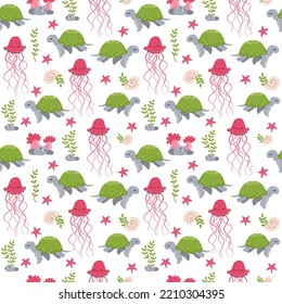 Seamless vector pattern. Sea animals on white background, turtle, jellyfish, starfish, seaweed. Sea pattern.