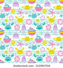 Seamless vector pattern with sea boats,crabs and jellyfish. Childish background.