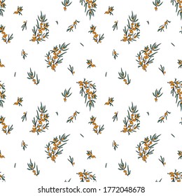 Seamless vector pattern of sea buckthorn leaves and berries. Flat image of sea buckthorn leaves and berries on a white background.For the design and decoration of fabrics, paper, Wallpaper and packagi