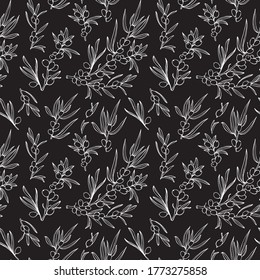 Seamless vector pattern of sea buckthorn leaves and berries. White contour drawing of sea buckthorn leaves and berries on a black background.For the design and decoration of fabrics, paper, Wallpaper 