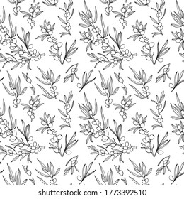 Seamless vector pattern of sea buckthorn leaves and berries. Black contour drawing of sea buckthorn leaves and berries on a white background.For the design and decoration of fabrics, paper, Wallpaper 