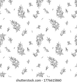 Seamless vector pattern of sea buckthorn leaves and berries. Black contour drawing of sea buckthorn leaves and berries on a white background.For the design and decoration of fabrics, paper, Wallpaper