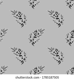 Seamless vector pattern of sea buckthorn leaves and berries.Drawing of sea buckthorn leaves and berries on a gray background.For design and decoration of fabrics, paper, Wallpaper