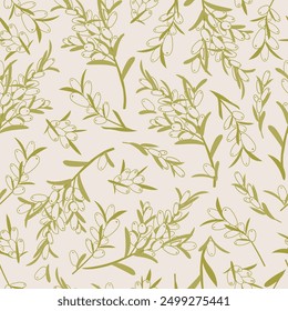 Patrón de Vector sin fisuras de hojas de espino cerval de mar y bayas. Esquema verde Hippophae sobre un fondo beige. Para la impresión, papel de embalaje, materia textil, tela, cubierta
