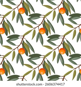 Seamless vector pattern with sea buckthorn berries, leaves, and branches, natural and elegant design.
