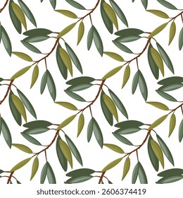 Seamless vector pattern with sea buckthorn berries, leaves, and branches, natural and elegant design.