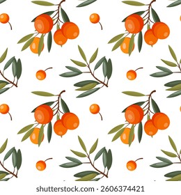 Seamless vector pattern with sea buckthorn berries, leaves, and branches, natural and elegant design.