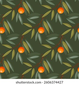 Seamless vector pattern with sea buckthorn berries, leaves, and branches, natural and elegant design.