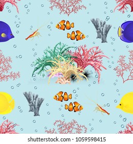 Seamless vector pattern with sea corals, various tropical fish, bubbles and shrimps on light aquamarine background.