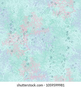Seamless vector pattern with sea corals and bubbles on light aquamarine background.