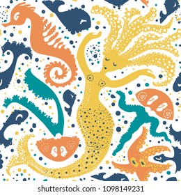 Seamless vector pattern with sea creatures. Marine background in cartoon style. Decorative painted texture with sea animals.