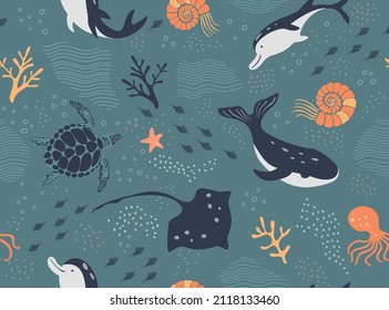 Seamless vector pattern with sea creatures. Turtle, stingray, octopus, whale and dolphins. Ocean print. Hand drawn illustration.