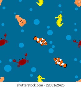 Seamless vector pattern of sea creatures (clownfish, sea horse, crab, and squid) in kawaii style