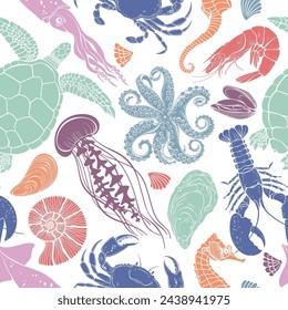  Seamless vector pattern with sea creatures on white background. Perfect for wallpaper, wrapping, fabric and textile, menu decoration, invitation, card, tile, print.