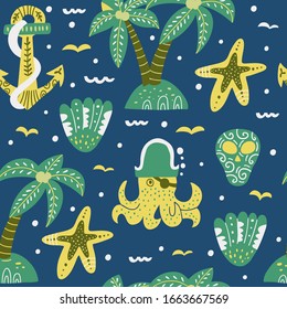 Seamless vector pattern with sea elements. Sea ​​background. Octopus-pirate. Design can be used for paper, wallpaper, textile, fabric. Vector illustration. 