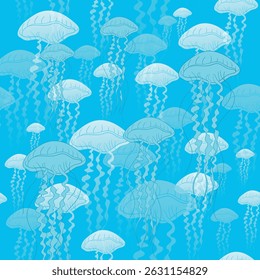 Seamless vector pattern with sea elements, jellyfish on a blue background. Ideal for textiles, wallpaper, packaging