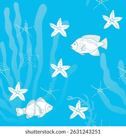 Seamless vector pattern with sea elements, fish, seaweed and starfish on a blue background. Ideal for textiles, wallpaper, packaging