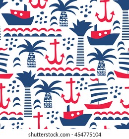 seamless vector pattern with sea elements: ships, anchors, palms 