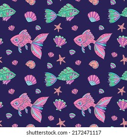 Seamless vector pattern sea fish, seashells and sea stars. Sea seamless vector pattern. Decoration print for wrapping, wallpaper, fabric.