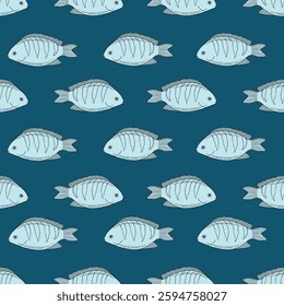 Seamless vector pattern of sea fishes on a blue background. Marine theme for fabric, posters, aquariums, prints, cards, decoration of restaurants.  Vector handmade objects.