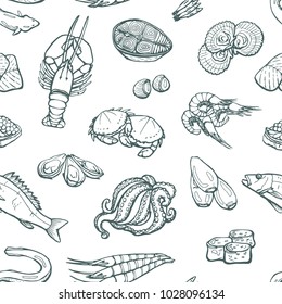Seamless vector pattern of sea food, delicacies. Isolated sketches on white background