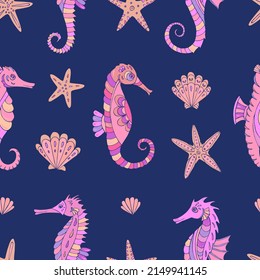 Seamless vector pattern with sea horses, sea stars and seashells. Sea seamless vector pattern. Decoration print for wrapping, wallpaper, fabric. 