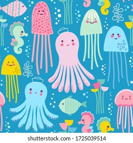 Seamless vector pattern sea life. Cute illustration with octopus, jellyfish, seahorse, water plant and fish.