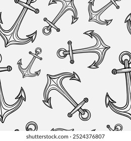 Seamless vector pattern with sea marine anchors. Simple doodle style. Grid	