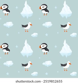 Seamless vector pattern of sea northern birds puffin and gull. Mint ice background with cartoon atlantic ocean birds, ice floes and iceberg. Winter pattern with polar theme