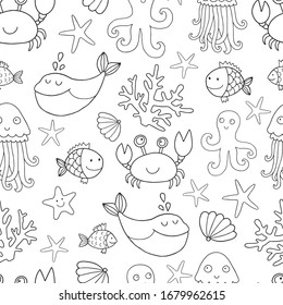 Seamless vector pattern with sea and ocean creatures such as whale, crab, octopus, jellyfish, fish, shells, coral, sea star fish. Outline drawing perfect for coloring page or book