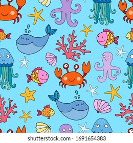 Seamless vector pattern with sea and ocean creatures such as whale, crab, octopus, jellyfish, fish, shells, coral, sea star fish.
