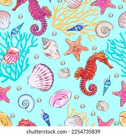 Seamless vector pattern. Sea, ocean, shells, corals. summer pattern