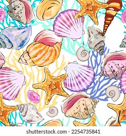 Seamless vector pattern. Sea, ocean, shells, corals. summer pattern