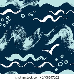 Seamless vector pattern with sea and seagulls on a dark background. Drawn dry brush and ink.