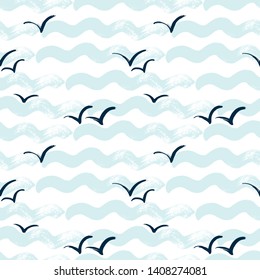 Seamless vector pattern with sea and seagulls. Drawn dry brush and ink.