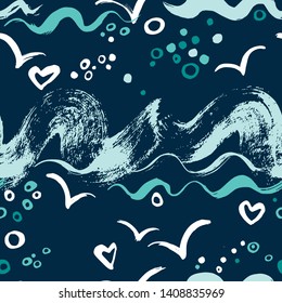 Seamless vector pattern with sea and seagulls on a dark background. Drawn dry brush and ink.