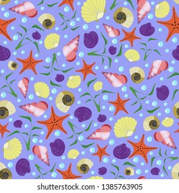 Seamless vector pattern sea shells and starfish. Undersea wallpaper design on blue. Tropical sea elements.