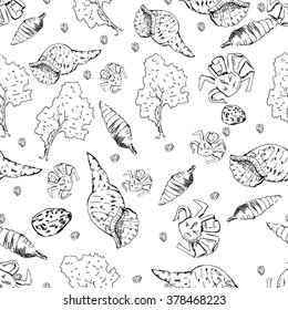 seamless vector pattern with sea shells and crabs