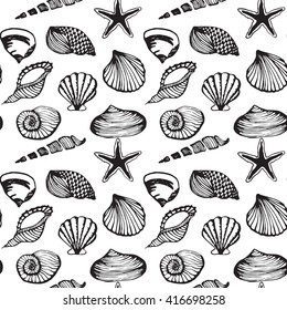 Seamless vector pattern of sea shells on a white background, painted by hand.