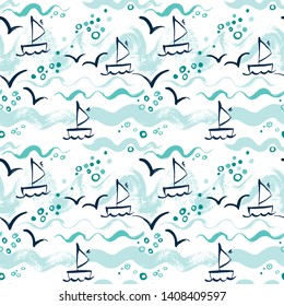 Seamless vector pattern with sea, ships and seagulls on a dark background. Drawn dry brush and ink.