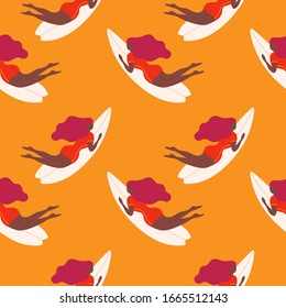 Seamless vector pattern. Sea pattern with sports girl on surf.