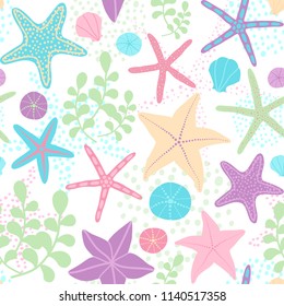 Seamless vector pattern with sea stars and shells in pastel colors.