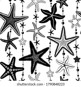 Seamless vector pattern. The sea stars is hanging on a string.