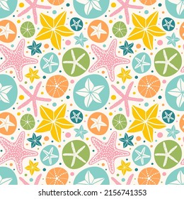 Seamless vector pattern with sea stars, shells and sand dollars in retro unisex palette. Great for baby shower, baby clothes textile, fabric, wallpaper in the nursery.