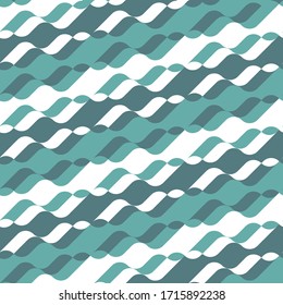 Seamless vector pattern. Sea themed ornament of wavy elements in two shades of teal on white background. Simple and dynamic geometric design creating illusion of diagonal movement. Perfect for textile