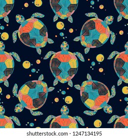 Seamless vector pattern of sea turtles and tropical fish