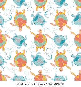 Seamless vector pattern of sea turtles and tropical fish