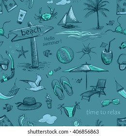 Seamless vector pattern of a sea vacation. Isolated hand drawings on a blue background