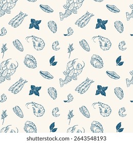 Padrão de vetor sem costura de frutos do mar, incluindo lagosta, camarão, sardinhas, mexilhões e ostras em um estilo de ilustração doodle. Perfeito para embalagens, têxteis, fundos e designs culinários	
