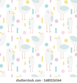 Seamless vector pattern with seagulls and geometric shapes of different colors.Child pattern for fabric, invitations, wrapping paper, cards and other materials.